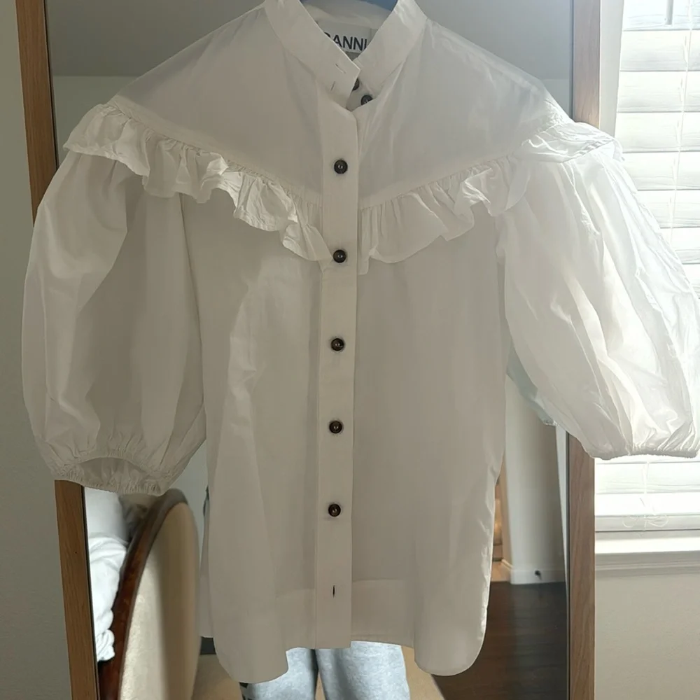 Ganni White Ruffle Button-Up Blouse - Picture 1 of 2